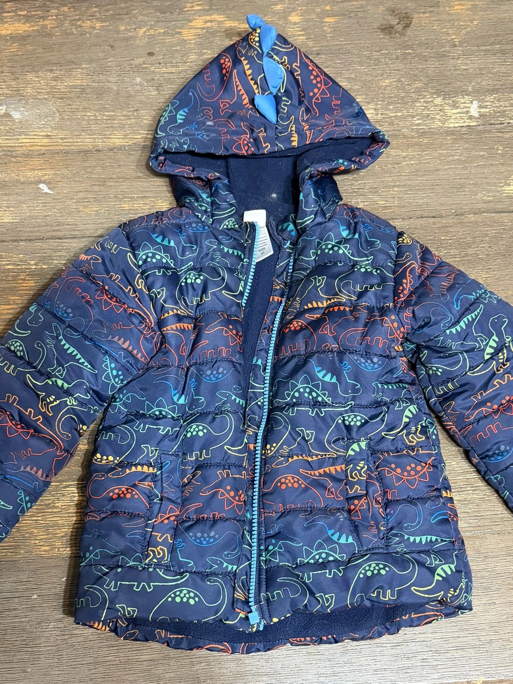 Little Me Navy Puffer Jacket with Multicolor Dinosaur Print